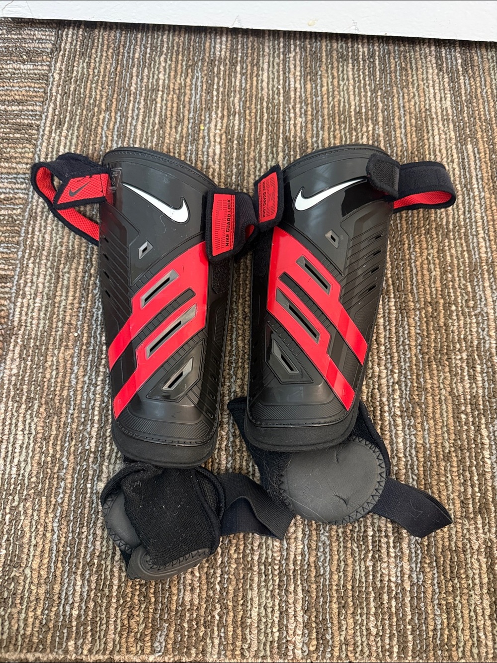 Nike Black and Red Soccer Shin Guards with Ankle Support